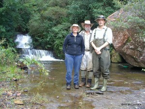 Prue McGuffie, NSW DPI Fisheries (left). Rob McCormack, Australian Aquatic Biological P/L (middle). Justin Stanger, NSW DPI Fisheries (right) on Wildes Meadow Creek below the Falls